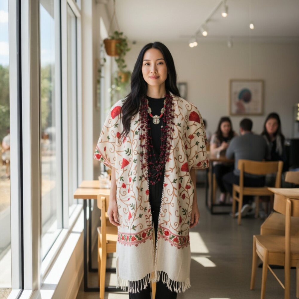 Cream Embroidered Kimono Jacket Duster Vest